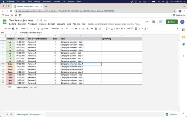 Google Spreadsheets template project fases